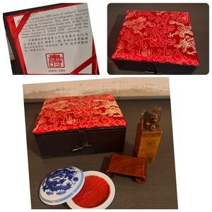 Chinese Carved Shou Shan Soap Dragon Seal LONG LIFE Set